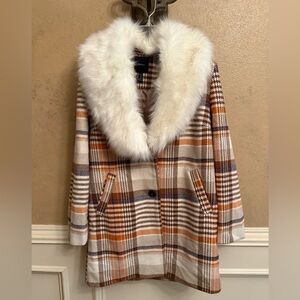 Forever 21 White and Orange Pea Coat with Faux Fur Collar